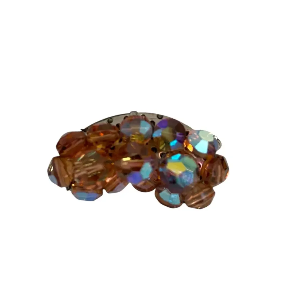Smoky Topaz Rootbeer Rhinestone Bead Brass Cap Kidney Shape Clip On Earrings